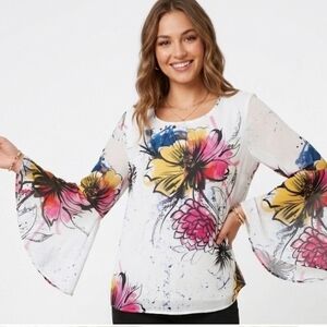 Floral Bell-Sleeve Tunic Top in White with Pink & Yellow Accents